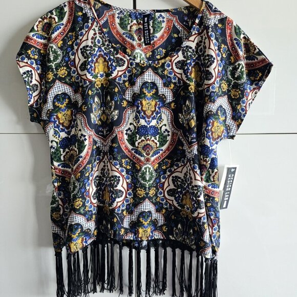 New West Kei Black Floral Black Fringe Top - Picture 2 of 9